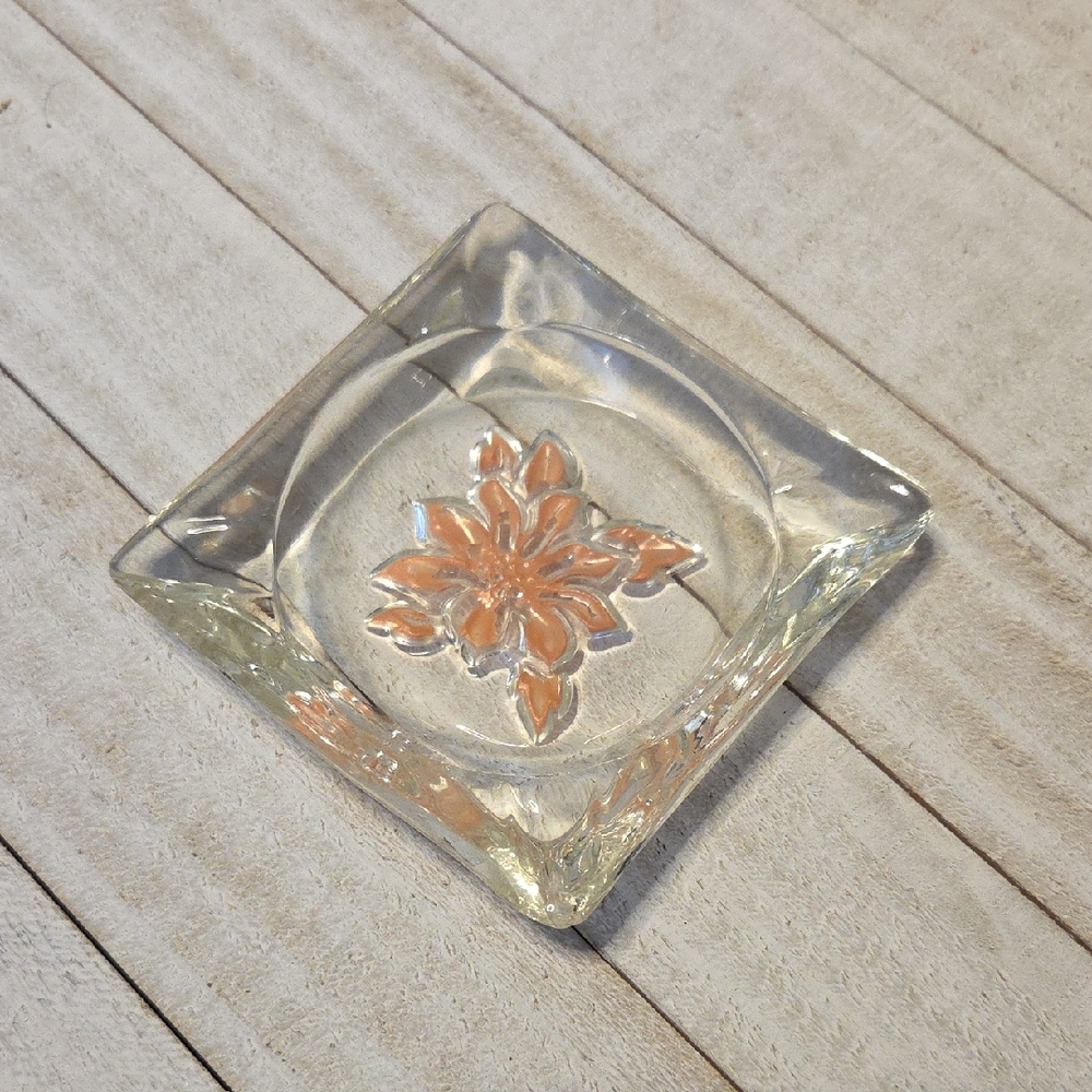 Vintage Small Glass Floral Ashtray Or Trinket Dish